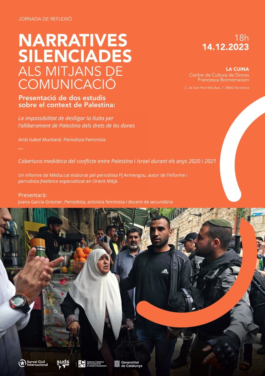 Què passa quan els mitjans només transmeten la versió  del poder? Quan les dones apareixen sotmeses a la religió i a la tradició?
S'amaga la veritat!
Dijous 14 desembre expliquem l'altra realitat.
Les feministes paletines en lluita per la igualtat i  la llibertat de tot un poble.