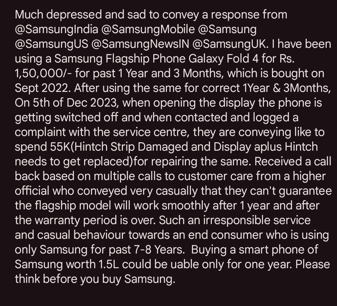 7Mohanakrishnan's tweet photo. @SamsungIndia Sorry to Say this Pls improve your product quality and be aware that a loyal customer of Samsung who are using Samsung Phones with atmost trust for Past 10 Years precisely from Note 3 Neo to Fold 4. We are nt buying Samsung FlagShip Phones to use only for 1.3 Years.@SamsungIndia https://t.co/Nyi9dZ6uiK