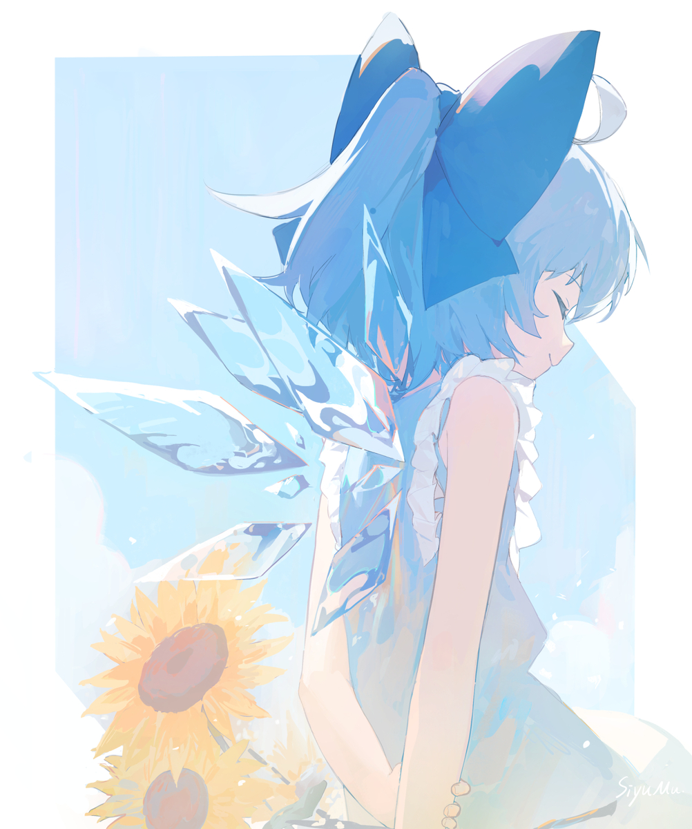 cirno 1girl solo flower blue hair dress wings bow  illustration images