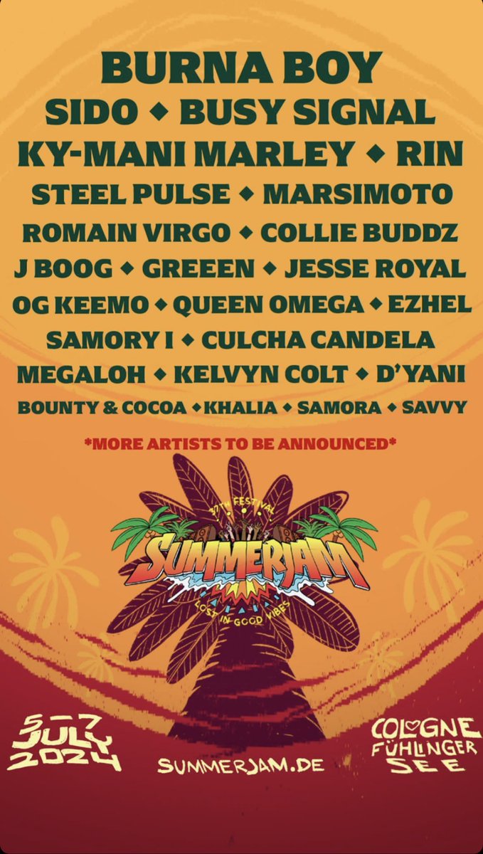 Burna Boy is set to headline #summerjam2023 , one of the biggest festivals in Germany 🇩🇪. The festival is set to take place from July 5th to July 7th, 2024!