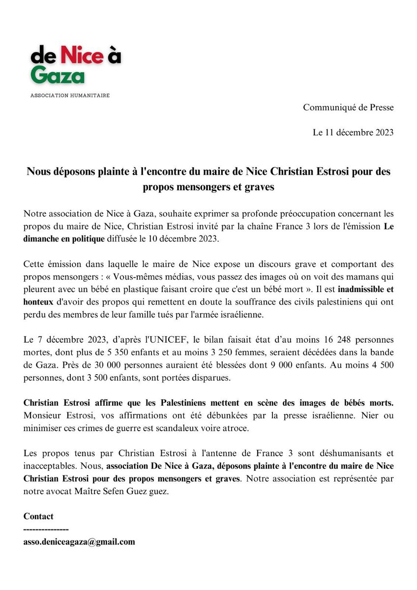Face aux propos outranciers du maire de Nice, l’association De Nice à Gaza que je représente dépose plainte contre Christian Estrosi pour diffusion de fausses informations. 🔽