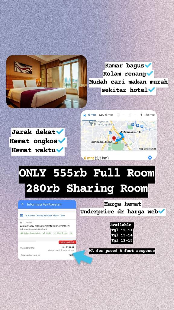 jmisso_'s tweet photo. Hotel dekat Indonesia Arena venue The unity sekitar senayan
-+6menit ke venue

Only 555k Full Room
280rb sharing

Available
12-14 ✔️✔️✔️✔️
12-15✔️✔️✔️
13-14✔️✔️✔️✔️✔️
13-15✔️✔️✔️

Booking⤵️
https://t.co/gbzJcQzgR2 https://t.co/02fcXI9PJR