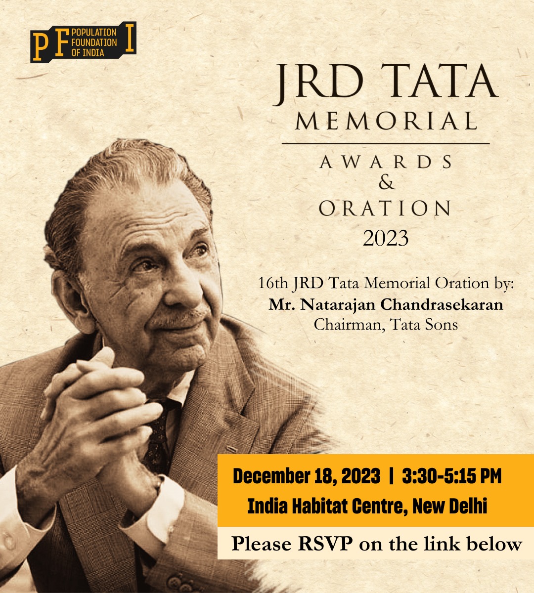 We are delighted to invite you and your colleagues to the #JRDTata Memorial Awards and Oration 2023! Date / Time: 18 December, 2023, 3:30 to 5:15 pm IST Location: #IndiaHabitatCentre, New Delhi. #RSVP Link: forms.gle/358Pat8jY5PTqj…