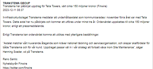 varmdoinvest's tweet photo. #Transtema kommunicerar ordervärde av underhållsavtalet med Telia Towers. Marknaden verkar gilla informationen, aktien +10% https://t.co/Vtg1ujn3G5