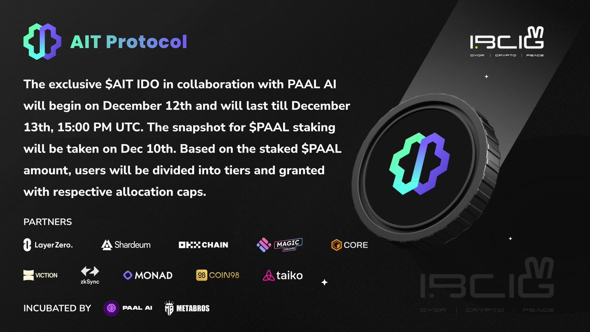 $AIT <a href="/AITProtocol/">AIT Protocol</a>  is an incubated project by <a href="/PaalMind/">PAAL AI 🧠🤖</a>. $AIT is the world's first AI data infrastructure project by providing #Web3  AI solutions &amp; creating millions of jobs with the Train-To-Earn model

$AIT IDO Details:
◾️ Initial MC: $300K
◾️ Public price: $0.015
◾️ Vesting: