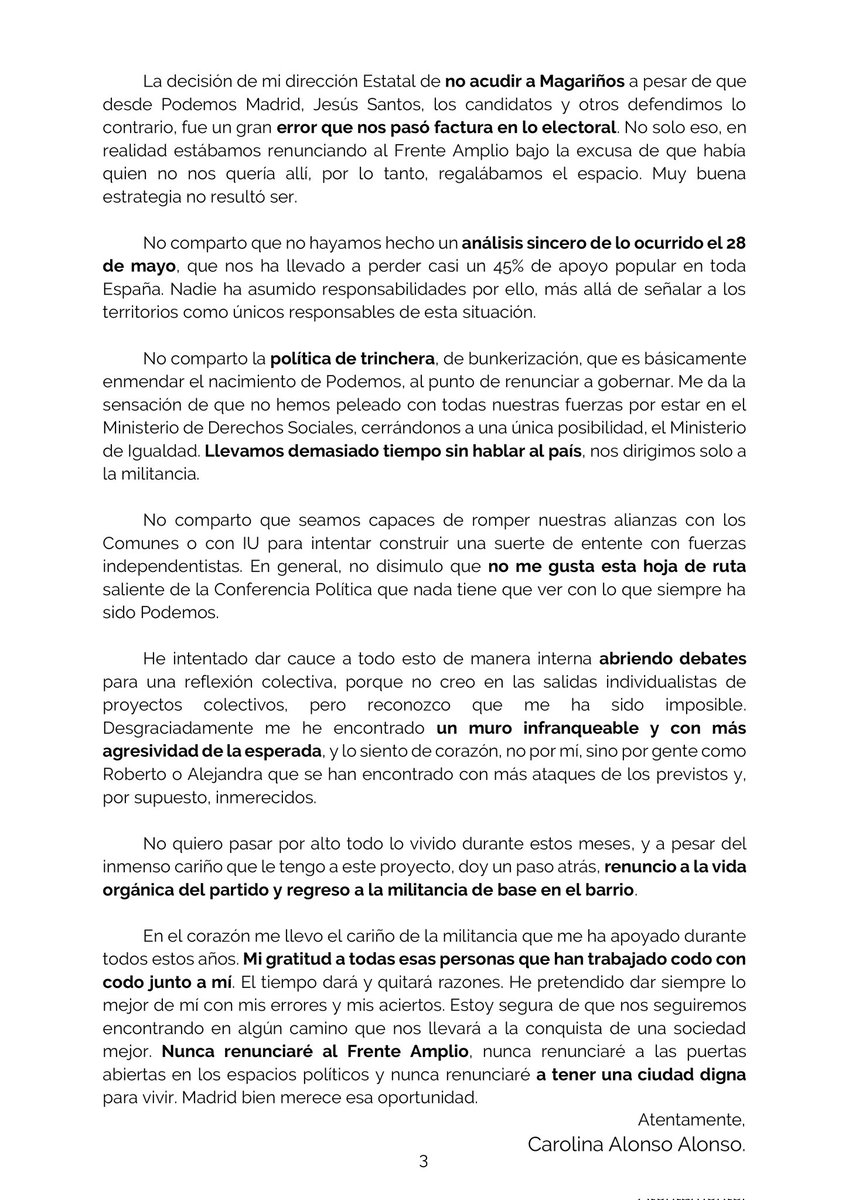 Carolalon1's tweet photo. Llevo días meditando esta decisión, no me gustan las decisiones en caliente y tras hablar con las personas que más me han apoyado en los últimos tiempos en la organización, he decidido dar un paso atrás y desvincularme de toda estructura orgánica de Podemos y de participar de manera activa en el partido, como lo venía haciendo hasta ahora. 

Hay motivos políticos, orgánicos y personales para tomar esta decisión que explico en esta carta👇