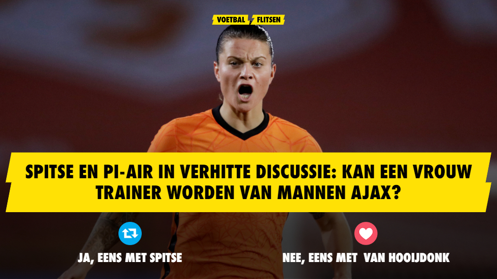 Heel veel ophef na de discussie tussen Sherida Spits en Pierre van Hooijdonk in #StudioVoetbal zondagavond. Kan een vrouw trainer worden van een Eredivisieclub bij de mannen of niet?

RT = Ja, eens met Spitse
LOVE = Nee, eens met Van Hooijdonk