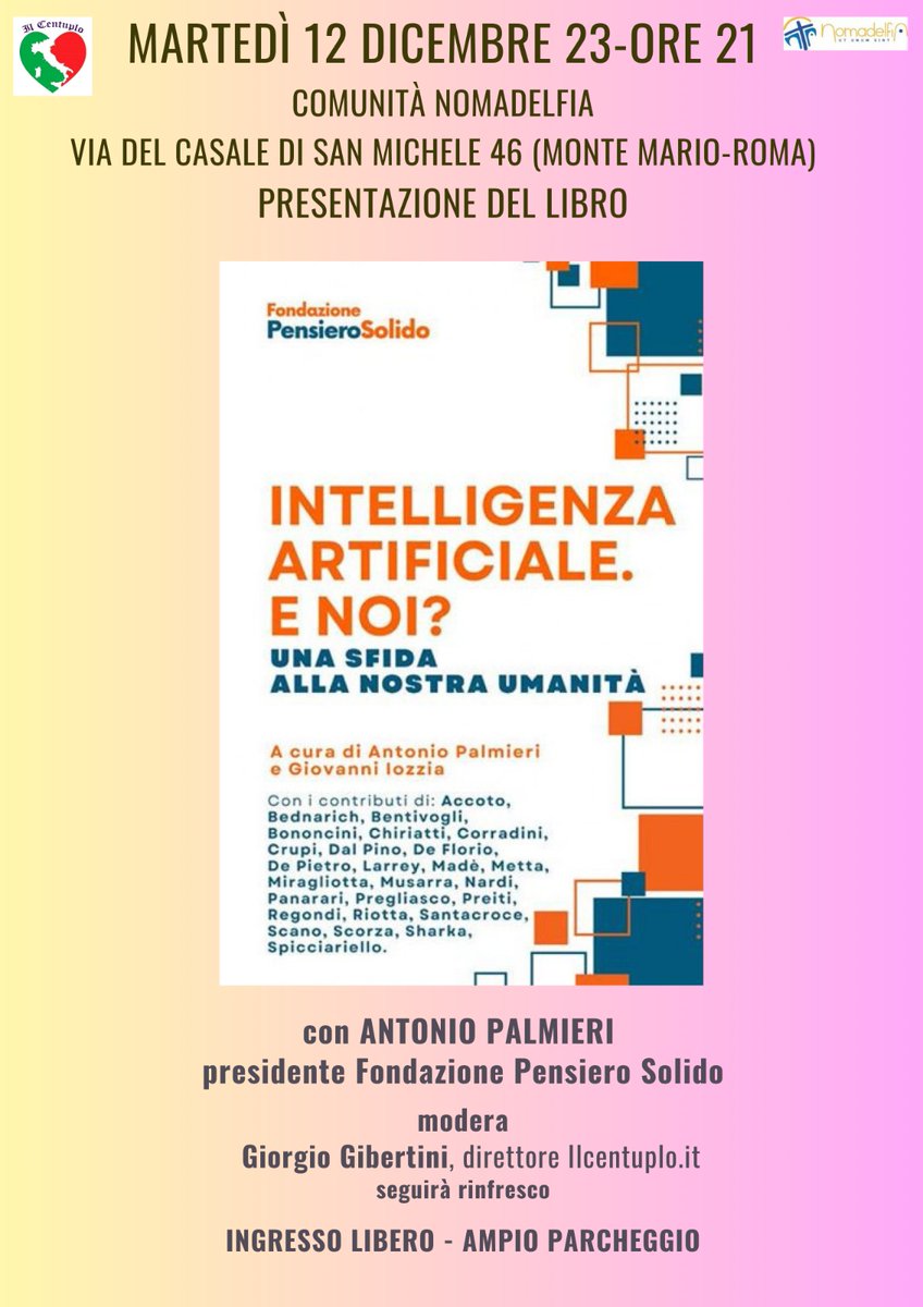 Domani sera presento il libro della Fondazione <a href="/pensierosolido/">Fondazione Pensiero Solido</a> in un luogo a prima vista inconsueto: la comunità di <a href="/Nomadelfia_News/">Nomadelfia</a> a Roma. A riprova del fatto che l'intelligenza artificiale è un tema universale, perché la sfida che pone alla nostra umanità ci riguarda tutti!
