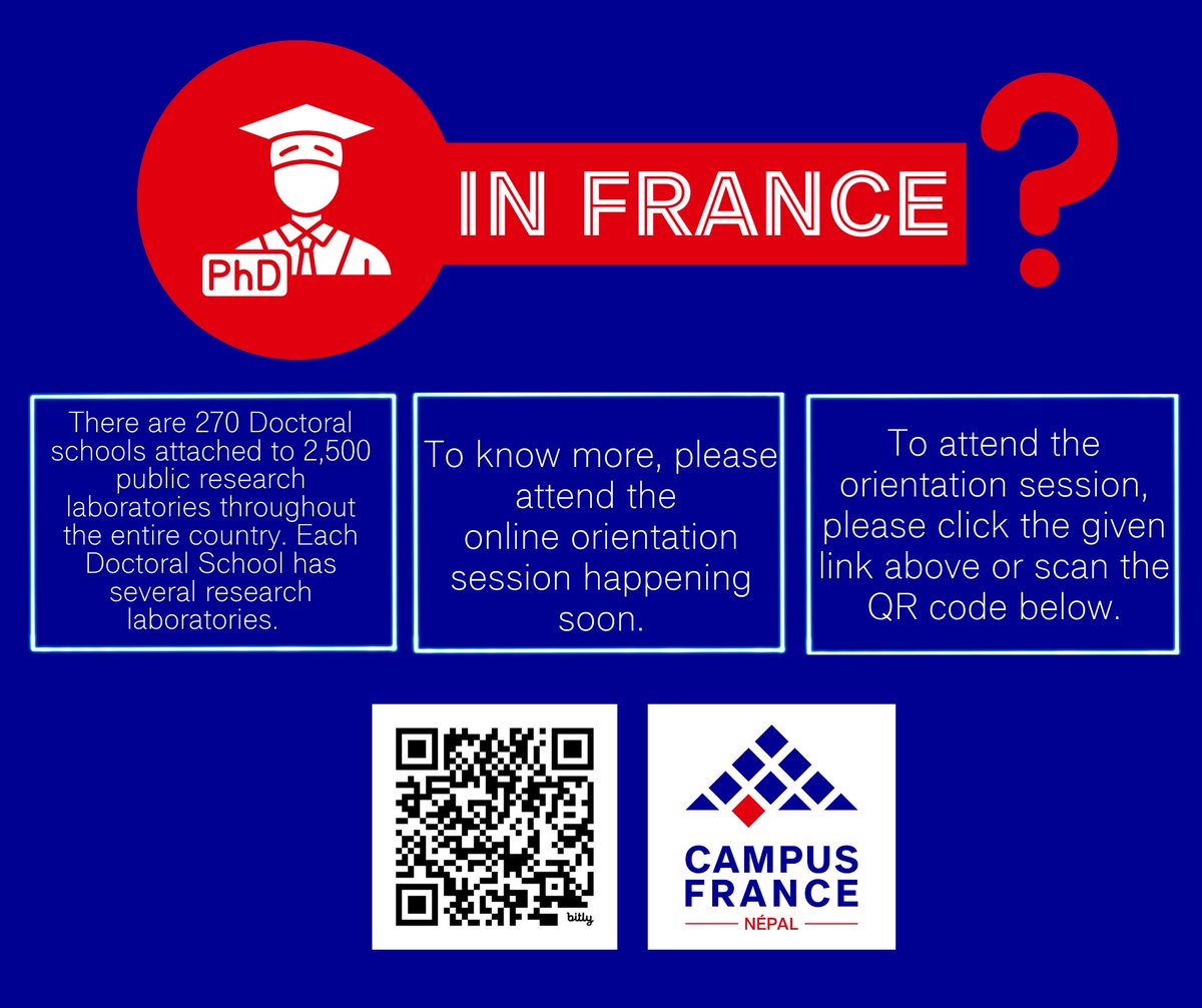 Campus France Népal (@campusfrancenp) on Twitter photo Are you interested in pursuing a PhD in 🇫🇷 ?
🎯 Are you in search of guidance?
👉 CFN is organizing an online orientation session soon. Please click on the link below or scan the QR.
bit.ly/phdinFrance
contact.cfnepal@gmail.com
01 54 20 488
#StudyInFrance #PhDinFrance Are you interested in pursuing a PhD in 🇫🇷 ?
🎯 Are you in search of guidance?
👉 CFN is organizing an online orientation session soon. Please click on the link below or scan the QR.
bit.ly/phdinFrance
contact.cfnepal@gmail.com
01 54 20 488
#StudyInFrance #PhDinFrance