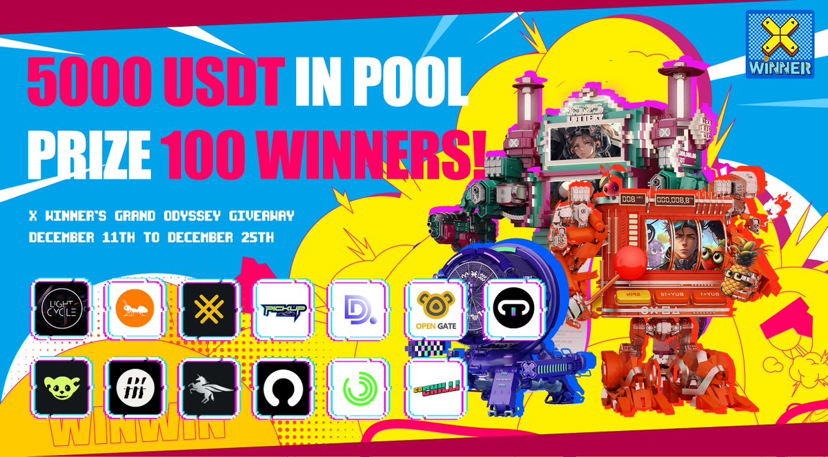 🎰 Get Ready for X WINNER's Epic Mainnet Launch on Jan 1st, 2024📆 🎉Dive into our Grand Odyssey Giveaway! 12.11 - 12.25 , we're rolling out a massive 5️⃣0️⃣0️⃣0️⃣ USDT Prize Pool for over 100 winners! 🤑 ✨Experience the future of #GambleFi with X WINNER! 🌐 #XWINNER #Giveaways