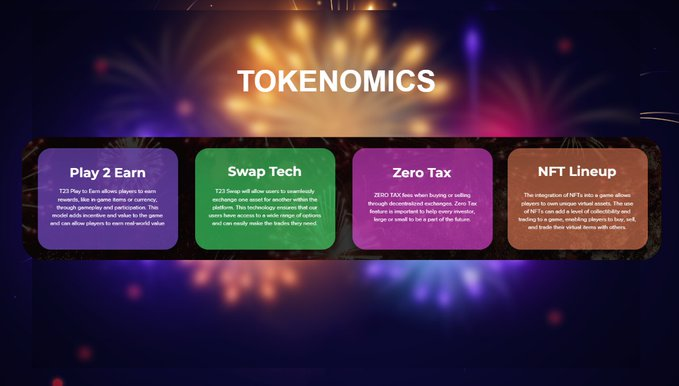 2023Token's tweet image. T23 Tokenomics will provide you with all the information you need to learn about us, 
from an exciting play-to-earn game to our NFT lineup.

Visit our website to learn more about our Tokenomics below!
t.me/T23info
#crypto #p2e