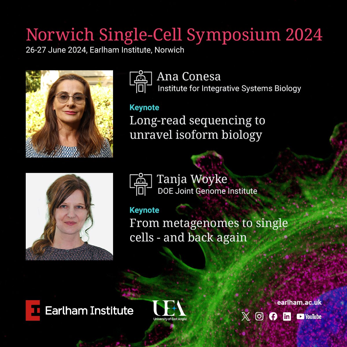 📣 We're excited to announce Dr Ana Conesa and Dr Tanja Woyke as our Keynote Speakers for the 2024 #Norwich #SingleCell Symposium! #EISingleCell24 ⤵ Register your interest now to be kept updated! okt.to/AvcukL @anaconesa @twoyke @i2sysbio @jgi @biouea
