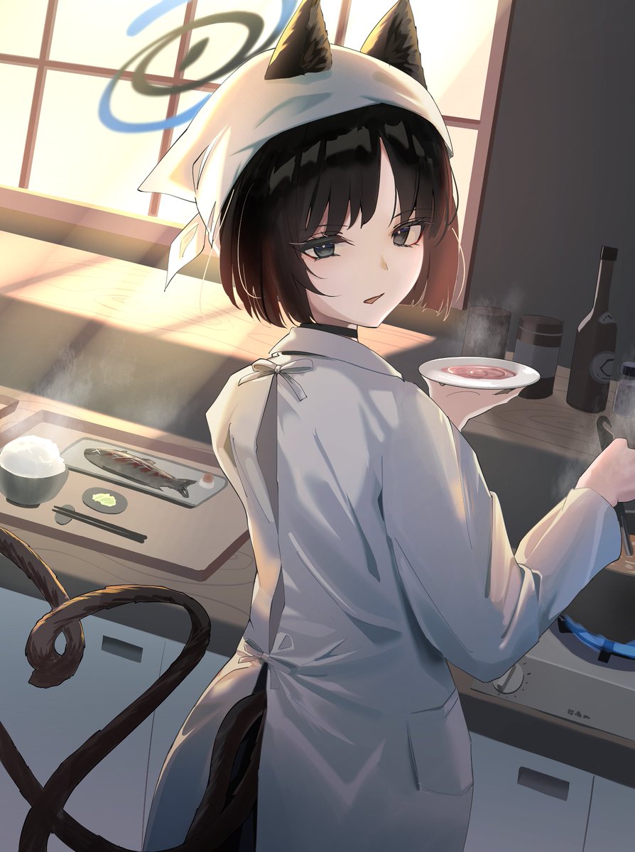 kikyou (blue archive) 1girl fish animal ears tail solo cooking black hair  illustration images