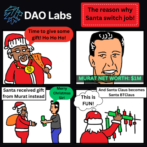 Azraiel1201's tweet photo. 🎅 Breaking News: Santa Claus announces career shift! Turns out, DAOVERSIANS of @TheDAOLabs are the new gift-givers, leaving Santa freedom to pursue his true passion - pumping the $BTC market!📈

I guess Santa will spend #XmasWithDAOLabs and gonna join #SocialMining also 🤷‍♂️😂 https://t.co/0k5veunbYN