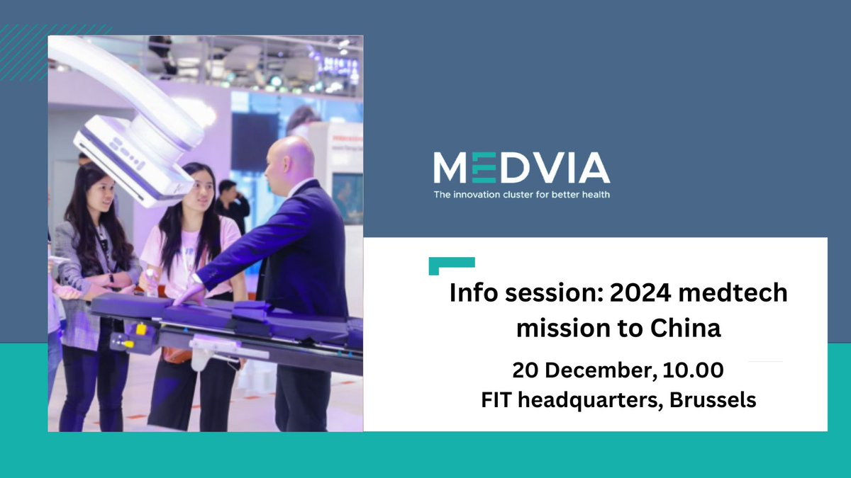 🗣 LAST CALL
Registrations close TODAY for the #Medtech China info session! Hosted with @InvestFlanders, the free seminar in Dutch will  provide info on one of the world's most lucrative markets and on the mission to #China next year 🇨🇳
medvia.be/healthtech-mis…
