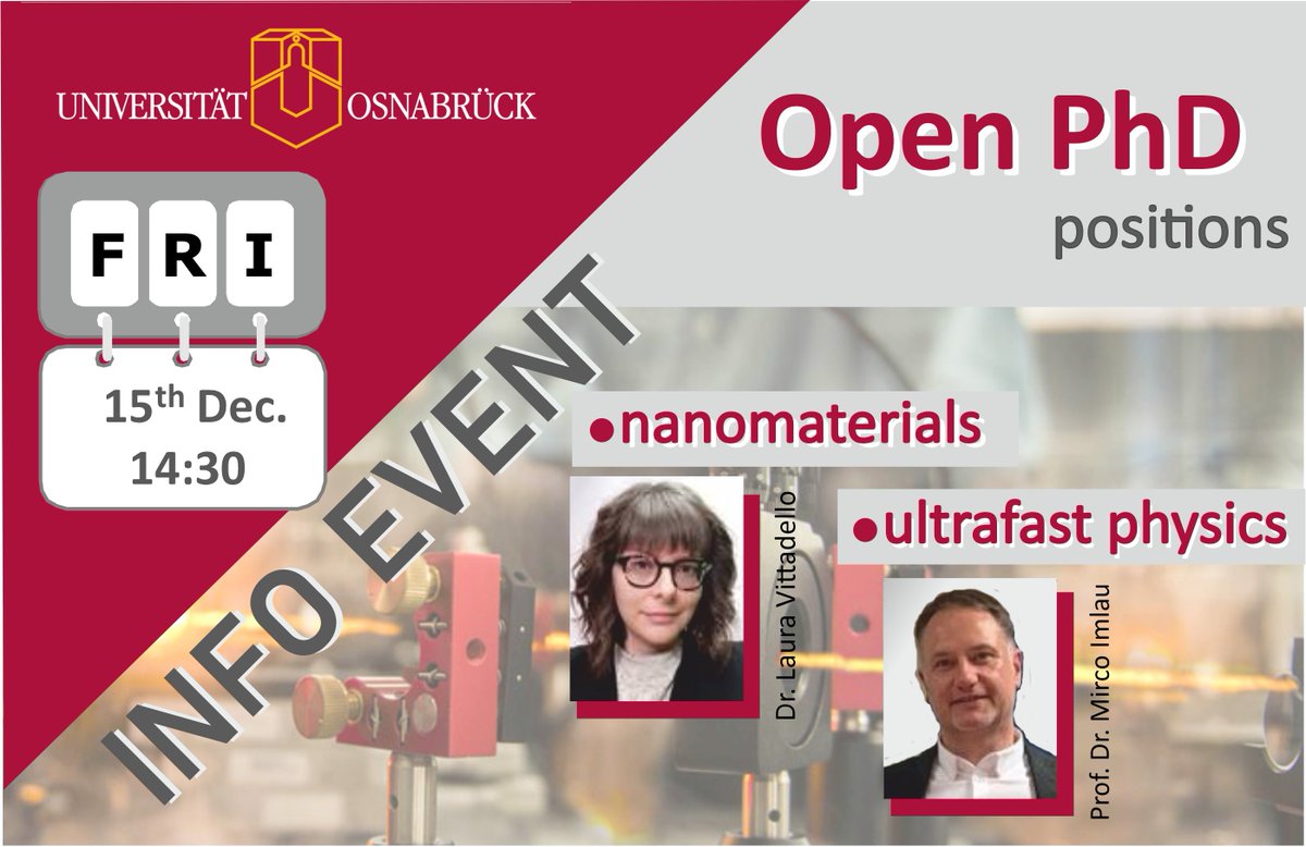 Live event for 2 open PhD positions in physics on Dec 15th at 14:30 virtually (without registration)  at: lnkd.in/esEWdP9K. Job advertisement here: lnkd.in/e9ic2gyZ. Details about the RTG 'nanomaterials@biomembranes' lnkd.in/eC6RChXh, <a href="/UniOsnabrueck/">Uni Osnabrück</a>