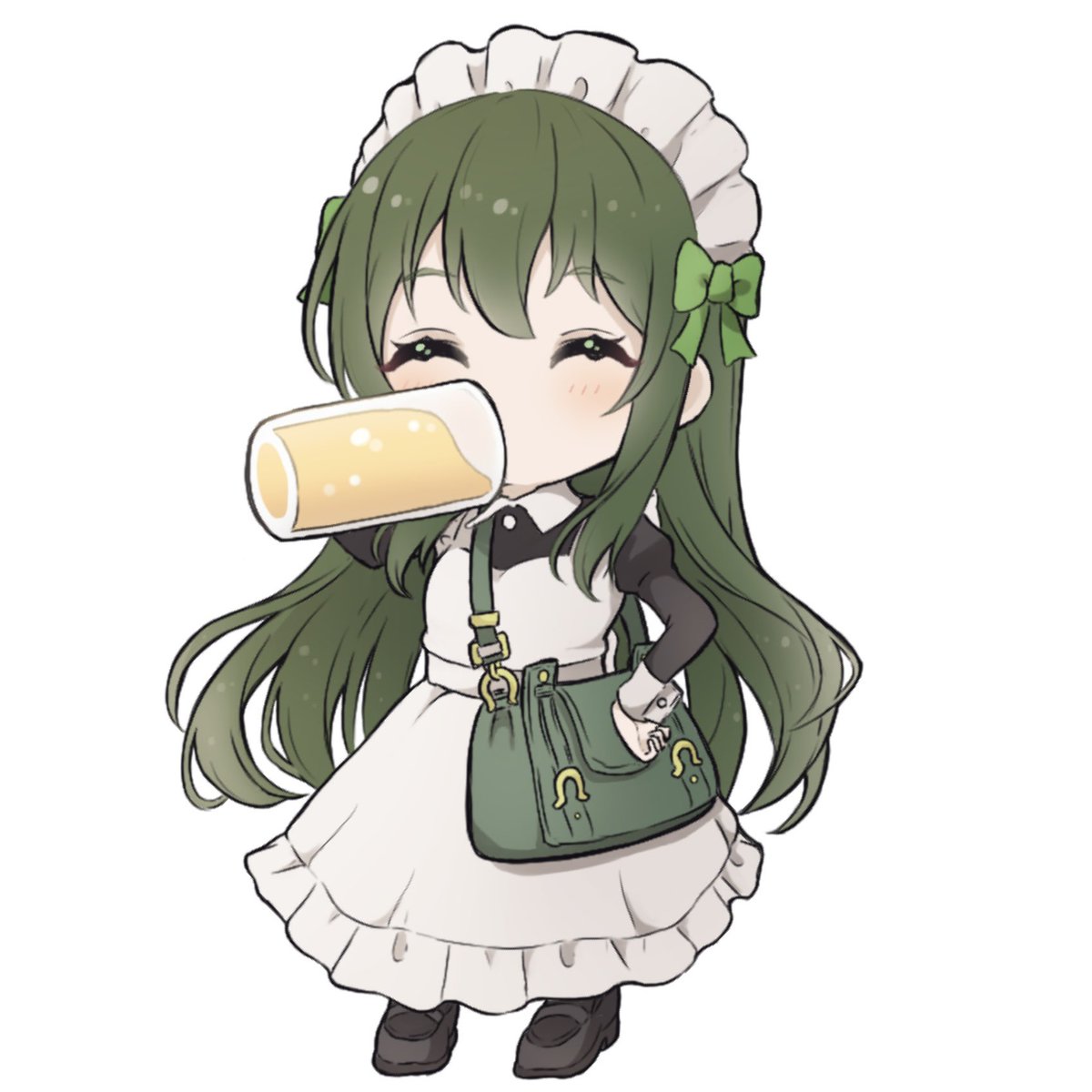 1girl solo maid headdress maid green hair closed eyes drinking  illustration images