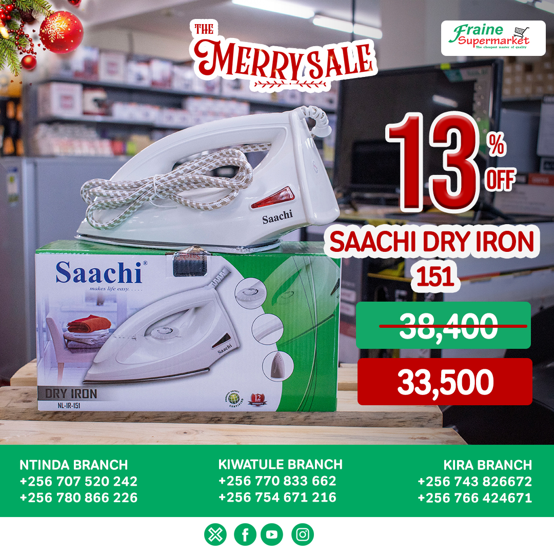 Unwrinkle savings! 🌬️✨ Get your Saachi Dry Iron at Fraine Supermarket with a dazzling 13% OFF! 🛍️ Hurry, transform your ironing game and snag the deal today! 

Come now, while stocks last!
🎉 #IronUpgrade #SavingsAlert