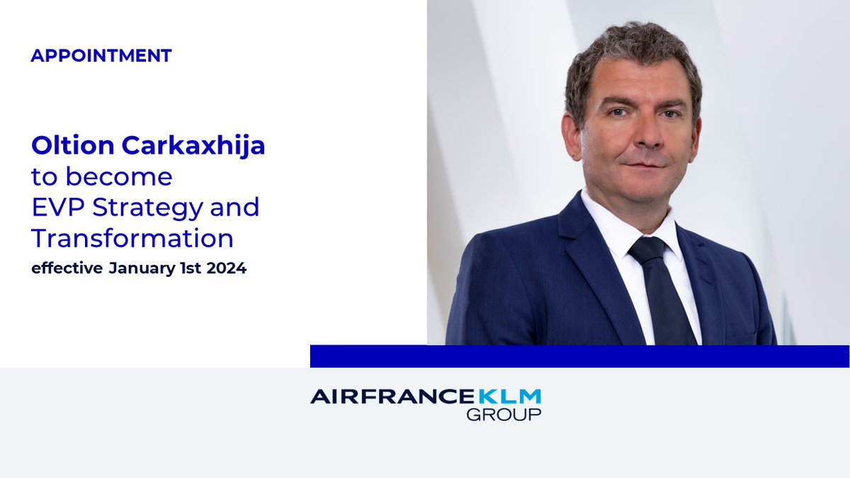 The #AirFranceKLM Group today announced the appointment of Oltion Carkaxhija, effective January 1, 2024. More details bit.ly/3TmKaBQ