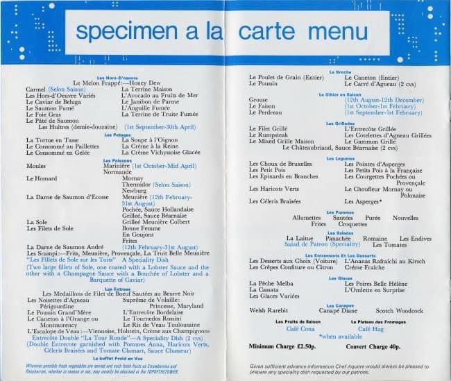 Here’s a menu from the revolving restaurant at the Post Office Tower in the 70s. Ooh la la!