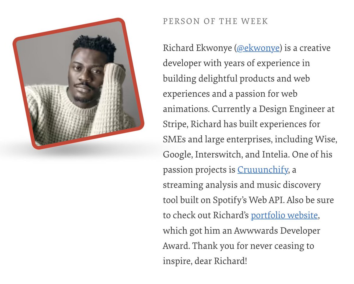 Our Person of the Week is a creative developer passionate about building delightful products and web experiences. Drumrolls, please, for... Richard Ekwonye! Thank you for never ceasing to inspire, dear @ekwonye! #smashingcommunity