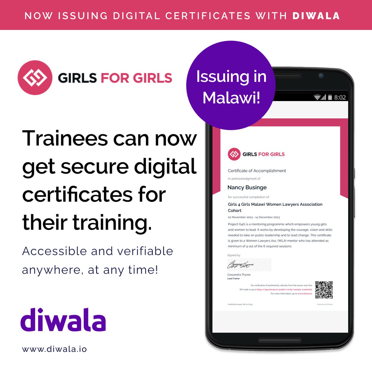 We are thrilled to announce that the <a href="/Diwala/">Diwala 🔶</a> platform is now making its mark in Malawi with <a href="/ProjectG4G/">Project Girls 4 Girls</a> Malawi ☀️

We now have five active PG4G institutions in five different countries utilizing the Diwala platform to issue digitally verifiable credentials to their members 💯