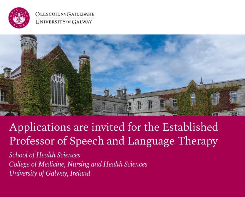 Excellent opportunity in the School of Health Sciences to provide strategic leadership in SLT. For further details: universityofgalway.ie/about-us/jobs/# academic vacancies.