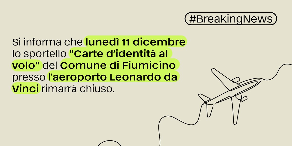 Si informa che lunedì 11 dicembre lo sportello 'Carte d’identità al volo' del Comune di Fiumicino presso l’aeroporto Leonardo da Vinci rimarrà chiuso.