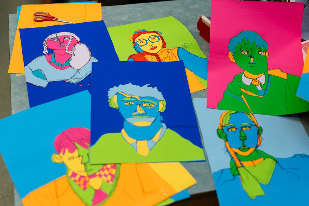 The Artists in form 6 have been exploring contour drawing as a new way of looking - really seeing what they are drawing instead of relying on what they think they know.  They created self portraits using one single line of black pen.