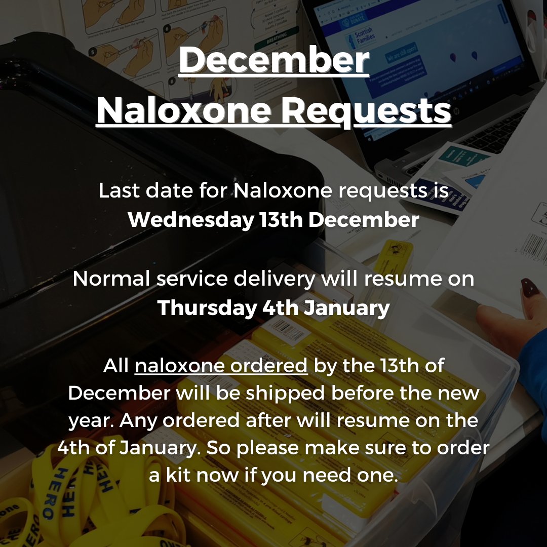 This Wednesday is the last day to order Naloxone for 2023 delivery! If you want to ensure you have your supply of Naloxone over the festive period, please submit your order form before this Wednesday.

Order here - bit.ly/3G98pJs