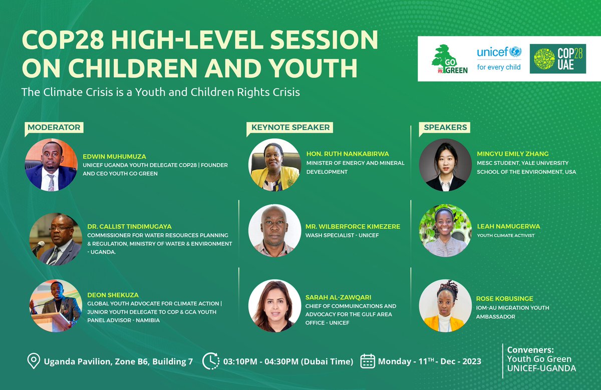 I honoured to be moderating this wonderful Panel @COP28_UAE High-level session on Children and Youth. 'The Climate Crisis is a Youth & Children Rights Crisis' happening at 15:10hrs DubaiTime. @UNICEFUganda @youthgogreen @SachaWesterbeek