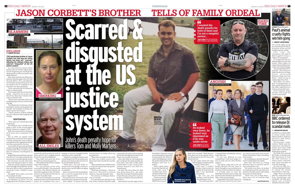 EXCL: The heartbroken brother of Jason Corbett has told how his entire family has been left “scarred” following his sibling’s killing and said he’s “disgusted” at the US justice system. Read the full story in today's Irish Mirror or online here: irishmirror.ie/news/irish-new…