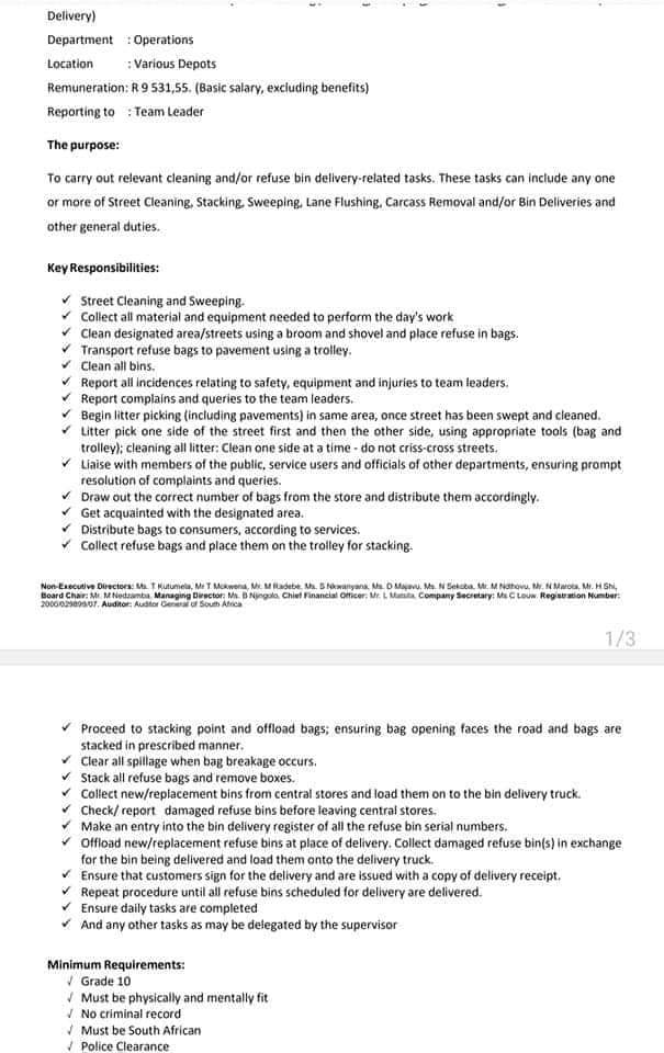 This is a great opportunity so don't miss out ! 

Pikitup is looking for x300 General Workers for a permanent job.

Salary: R9 531,5 per month 

Requirements:
Grade 10

Apply online
apply.job4sa.co.za/2023/12/03/pik…