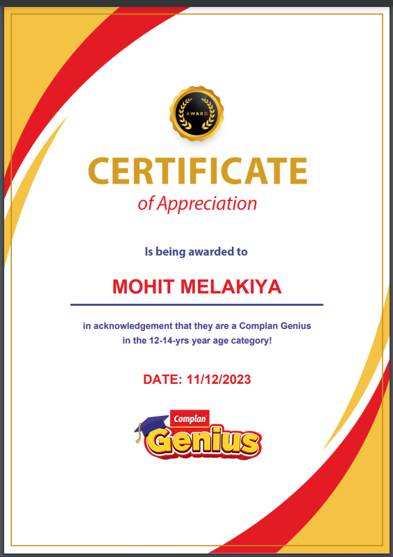 XMohit01's tweet image. This is certificate of Complan Genius Quiz #ComplanGeniusQuiz.#Complan.#Levelupwithcomplan.#Complangeniusquiz
