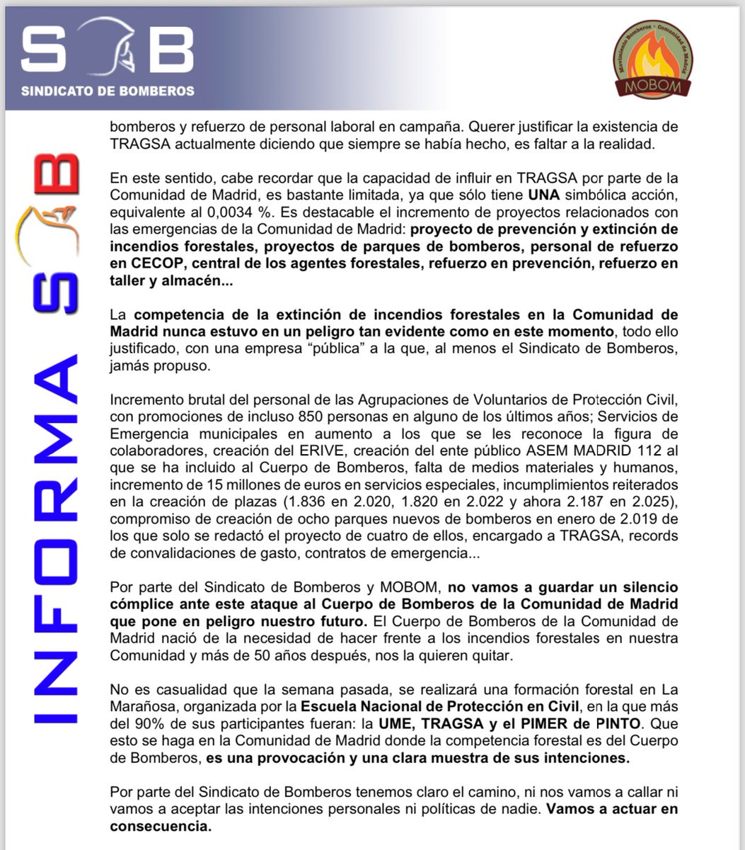 Acusaciones GRAVÍSIMAS de un sindicato de Bomberos Comunidad de Madrid a la empresa pública Tragsa y a sus trabajadores. Acusando de querer quitarles las competencias en IIFF. Incluso quejándose hasta cuando recibimos FORMACIÓN IMPORTANTÍSIMA. Verdadera VERGÜENZA.