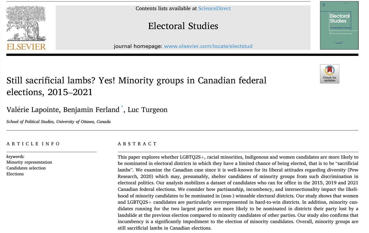Our article (Luc Turgeon,@ferland_ben and I) on minority candidates in federal elections wast just published in Electoral Studies. A must read! sciencedirect.com/science/articl… @UOttawaPoliSci #polcan