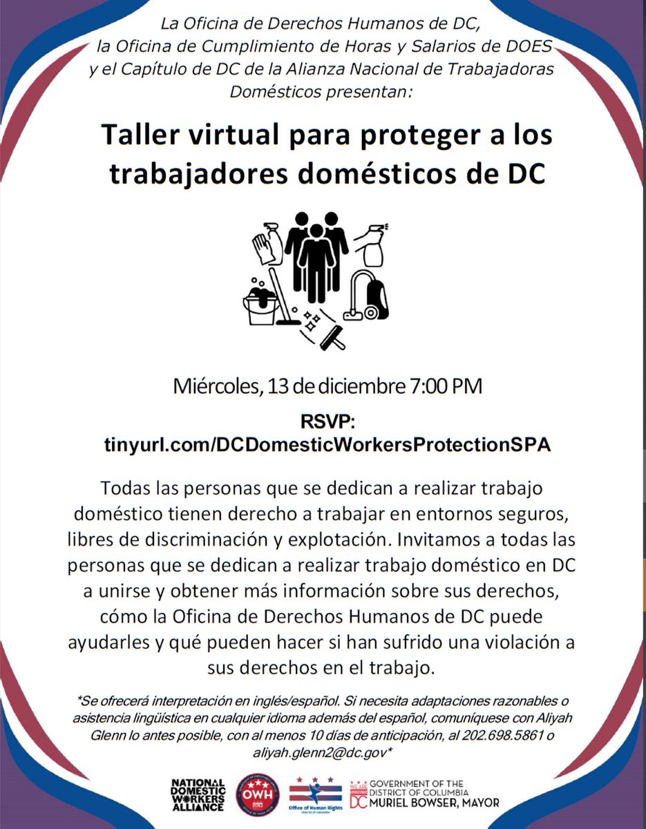 DCHumanRights's tweet image. Domestic workers in DC are entitled to a workplace free from discrimination &amp;amp; exploitation.   

Join us to learn more about your rights, wage theft prevention, paid leave &amp;amp; what to do if you experience discrimination on the job.  

🗓️: Wed. @ 7PM 
RSVP: tinyurl.com/DWProtect