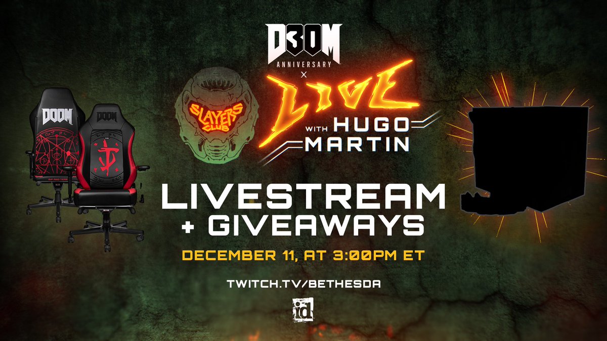 Celebrate #DOOM30 with Marty Stratton and Hugo Martin today at 3PM ET! With a Super Gore Nest of giveaways, including a DOOM Edition @noblechairs and world premiering an unexpected piece of merch that’s been missing from every DOOM fan’s collection. 📺twitch.tv/bethesda