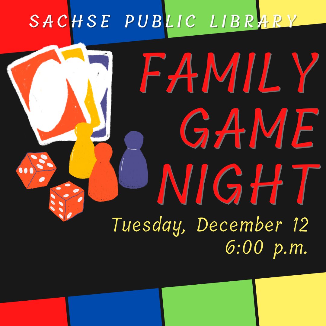 Enjoy a little competitive fun at Family Game Night tomorrow, Tuesday, Dec. 12 at 6:00 p.m.! We will have a variety of games for families and guests of all ages to enjoy here at the Library.
