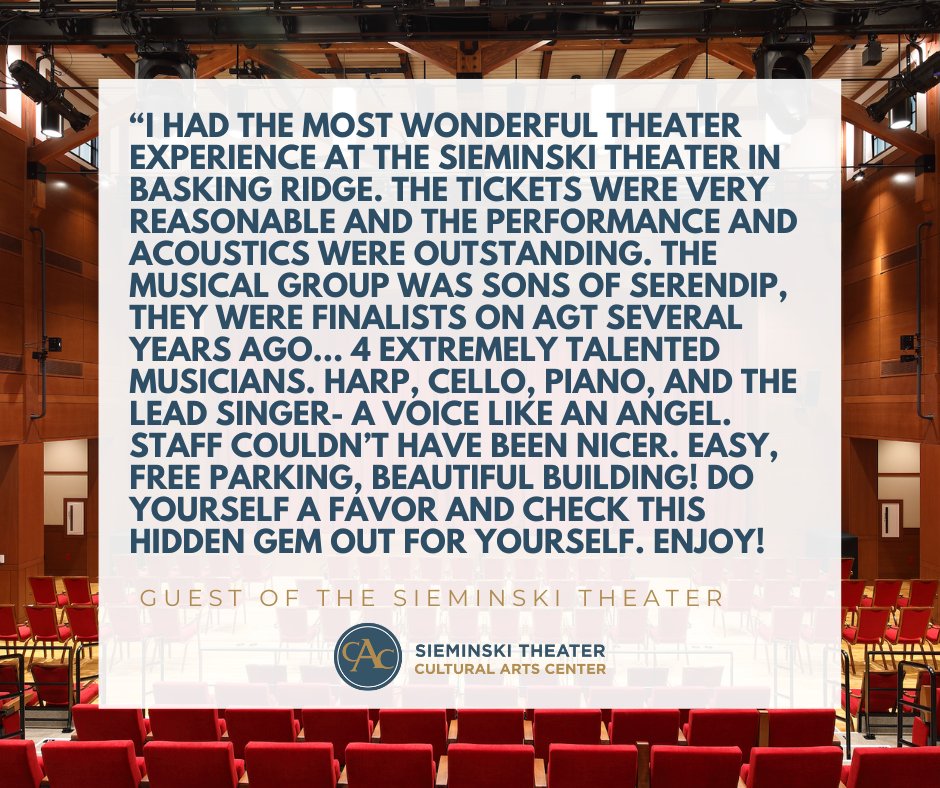 Capturing the joy in our guests' words! Gratitude for the fantastic reviews of the Sieminski Theater. Your kind words light up our stage! #SieminskiTheaterReviews #BaskingRidgeNJ #SomersetCountyNJ