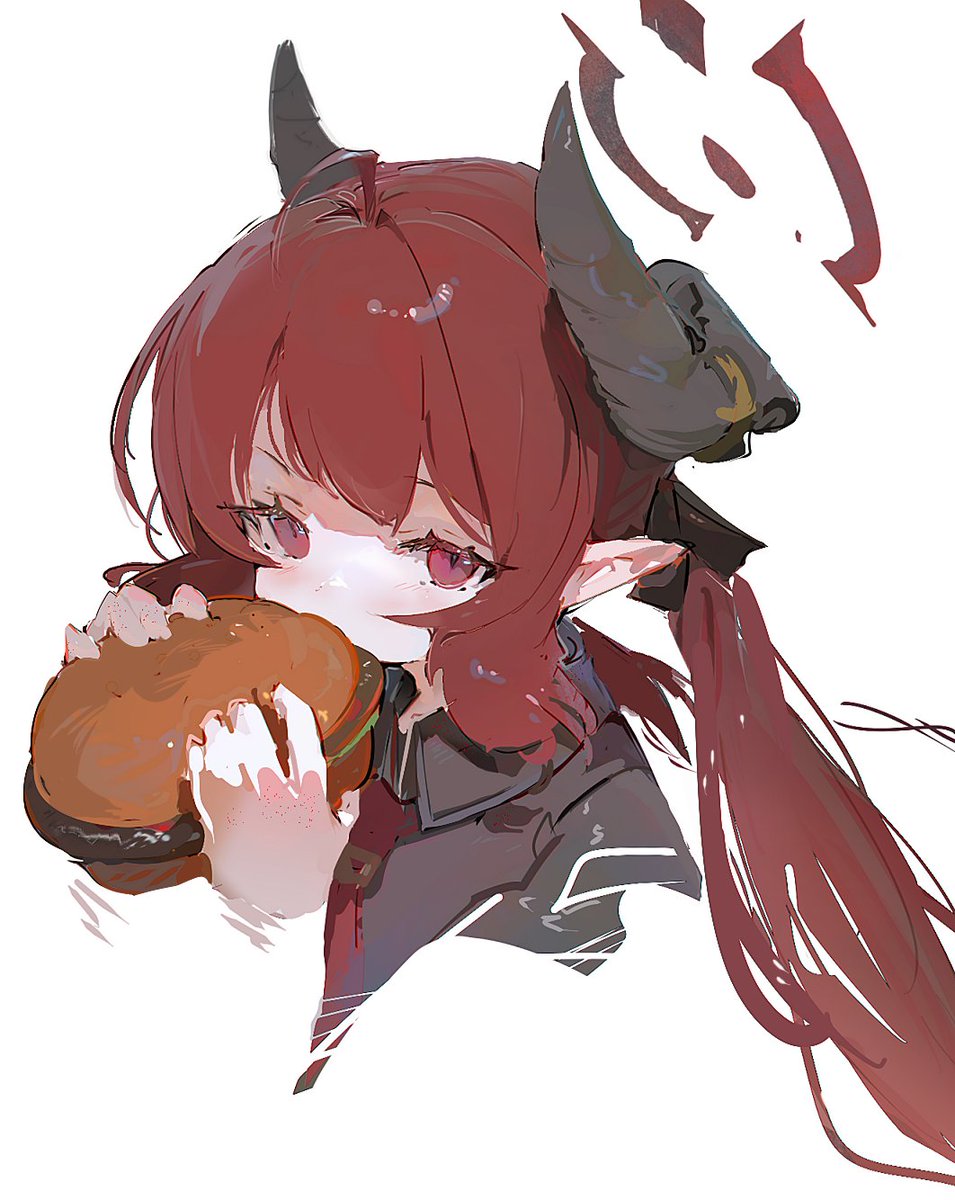 junko (blue archive) 1girl food solo horns red hair pointy ears white background  illustration images