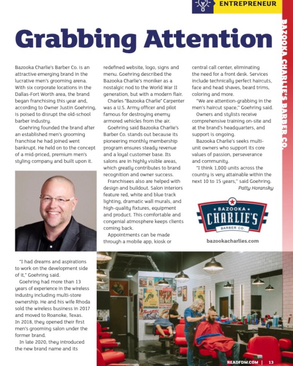 Grabbing Attention! Bazooka Charlie’s Barber Co. is an attractive emerging brand in the lucrative men’s grooming arena. With 6 corporate locations in the TX area, the brand began franchising this year franchisedictionarymagazine.com/bazooka-charli…

#readfdm #BazookaCharlies