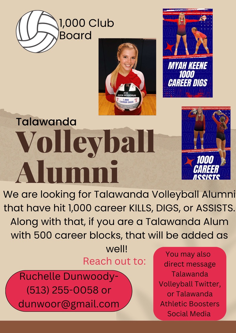 Attention all Volleyball Alumni!!
<a href="/THS_BRAVE/">Talawanda Athletic Dept.</a> <a href="/THSBoosters/">Talawanda Boosters</a>