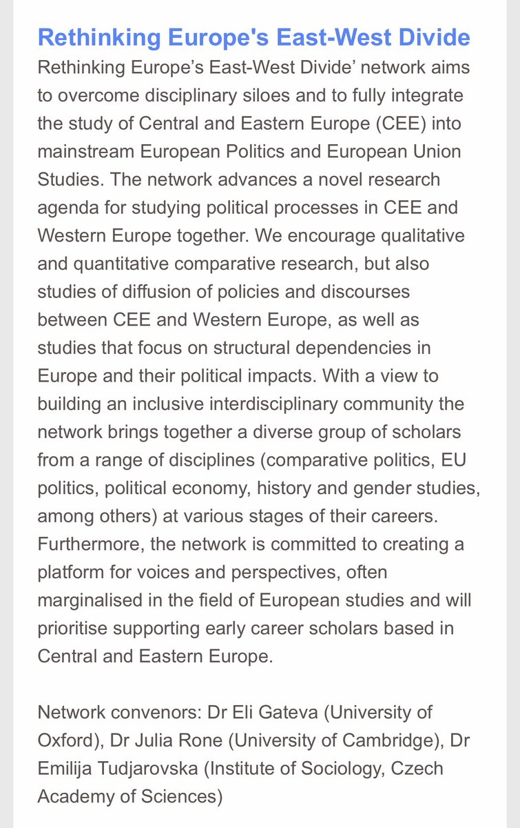 We are looking forward convening a new @UACES research network on ‘Rethinking Europe’ East-West Divide’ with @eli_gateva and Julia Rone. We are kicking off our activities with a themed track at #UACES2024. Contact us to get involved! @UniofOxford @CRASSHlive @CzechAcademy