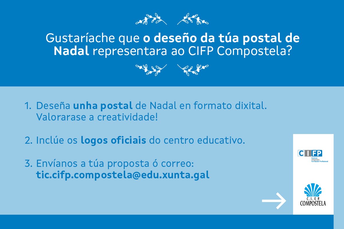 CIFPCOMPOSTELA's tweet image. 🎄 Se non tiveches tempo de presentarte ao concurso de deseño de postais de Nadal, estás de sorte. 📅 Acabamos de ampliar o prazo ata o xoves 14 de decembro. Participa!

#CIFPCompostela #formacionprofesional #seguiraprendendo