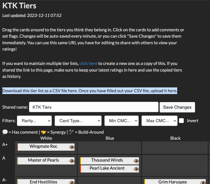 For anyone who prefers filling out tier lists via spreadsheet, we've just enabled downloading and uploading tier lists via CSV! 17lands.com/tier_lists