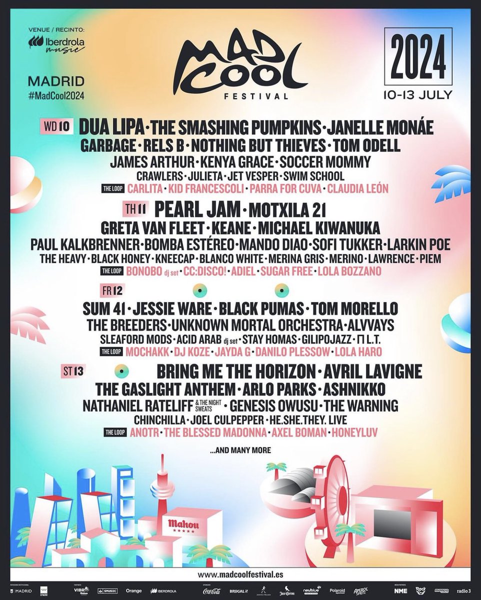 🎸🎤 ¡Mad Cool 2024 Confirma a Dua Lipa, Pearl Jam, Sum 41 y Avril Lavigne en Madrid. ¿Estás listo para vivir la música como nunca? #MadCool2024 #MusicFestival 🤘🎉

tinyurl.com/5bbn3bc5