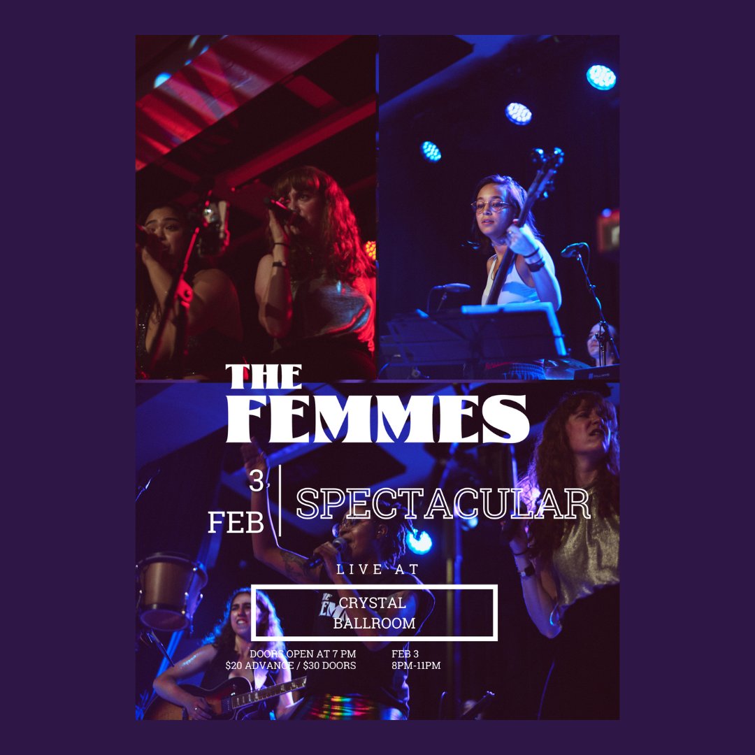 Back after their wildly popular first show at the Crystal Ballroom, join The Femmes Band, Boston’s all women and non-binary party band, for their Femmes Spectacular! 
🗓️ February 3rd
🎟️ on sale now at bit.ly/3taT5vE