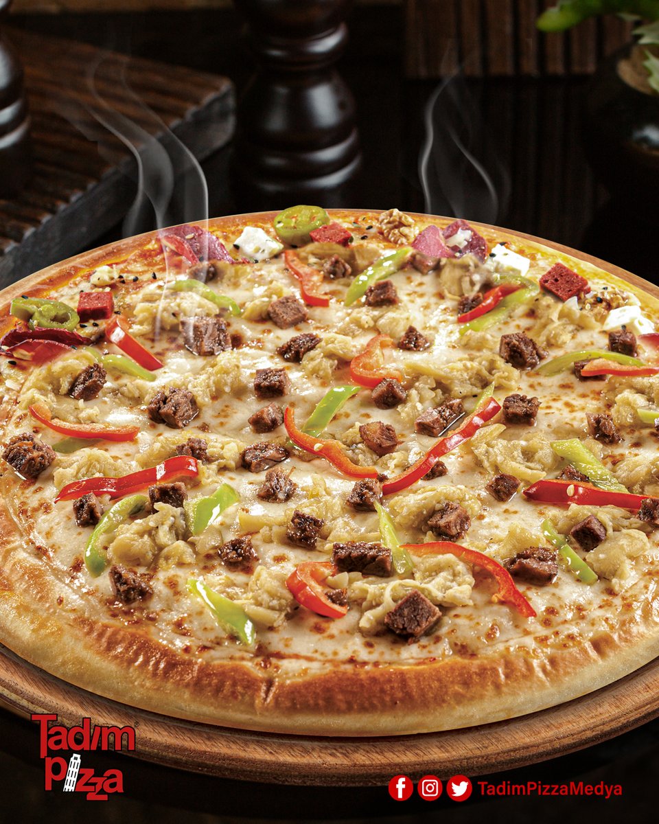 Hünkar, bir Tadım Pizza Klasiği. Gurme tarifiyle Mozarella peyniri, dana kavurma, köz patlıcan, kırmızı şerit biber, yeşil biber, kekik. Unutulmaz tadımlar için' #tadimpizza #günüpizzası #hünkar #keyfitadımda #tadımgurme