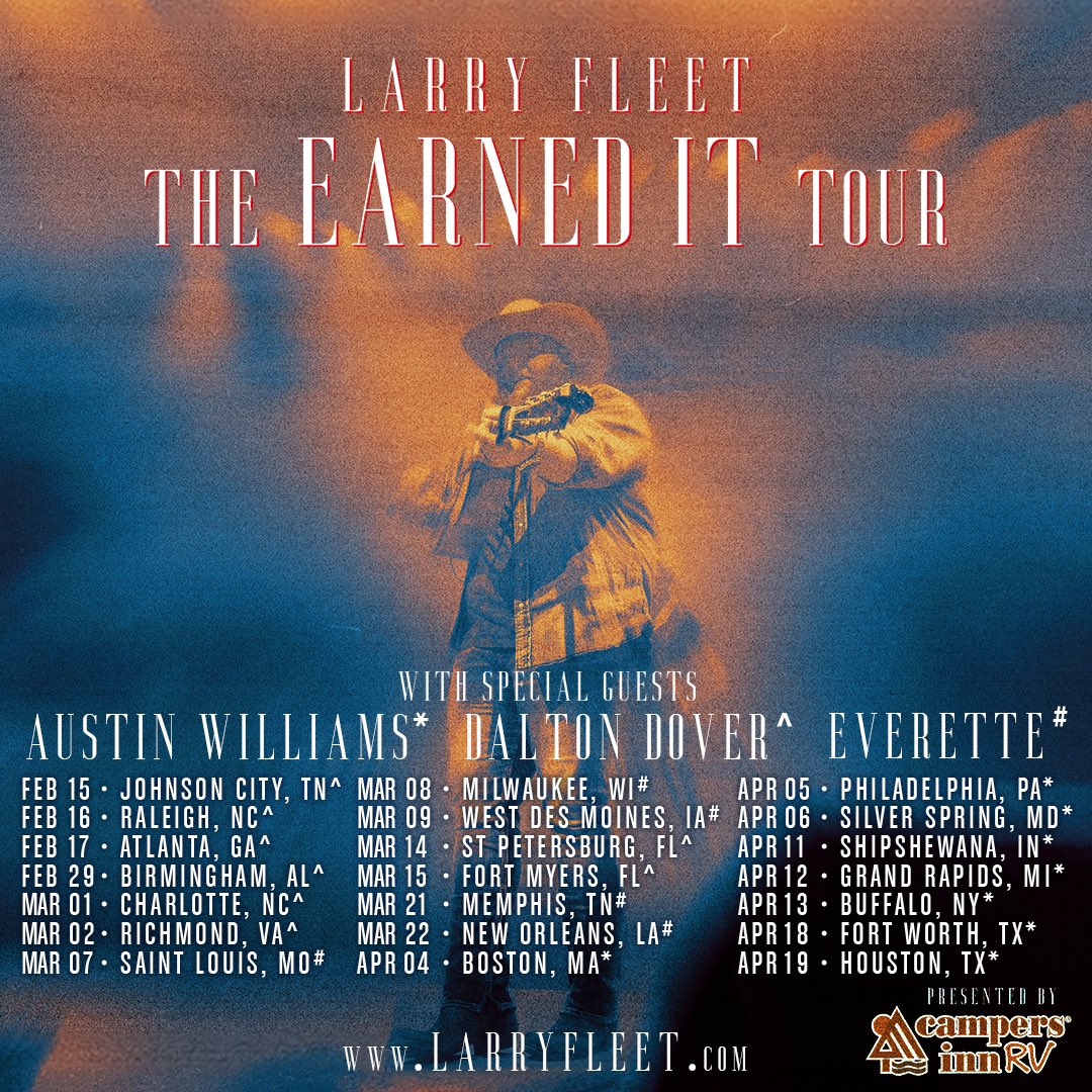 2024 I’m ready for ya! Excited to bring out Austin Williams, @DaltonDover3 @WeAreEverette next year! There’s nothing like being on the road and connecting with fans each night. Y’all make sure you’re on the email list for the presale starting tomorrow. larryfleet.com/#newsletter